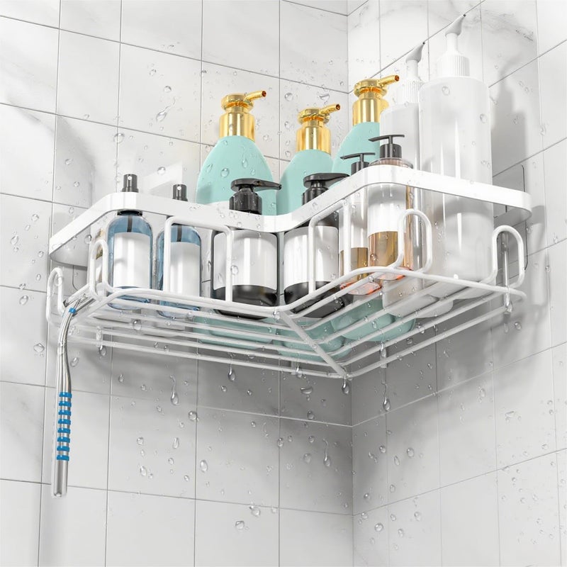 Moforoco Corner Adhesive Shower Caddy, with Soap Holder and 12 Hooks, Rustproof Stainless Steel Bathroom Organizer, No Drilling Wall Mounted Rack, Black, 3-Pack(White) - Image 4